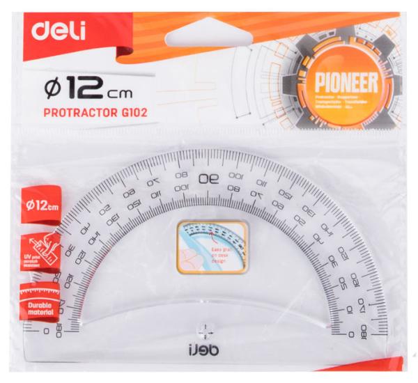 Транспортир Deli Pioneer  пластик дл.12см прозрачный градуировка УФ чернила европодвес