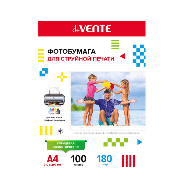 Фотобумага для струйной печати A4, 100 л, 180 г/м², глянцевая односторонняя "deVENTE" в пластиковом