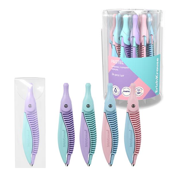Циркуль 122 мм пластиковый ErichKrause Pastel, ПВХ чехол, ассорти (в тубусе по 24 шт)