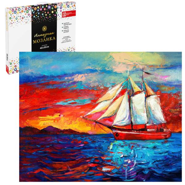 Алмазная мозаика 40*50 см "ПАРУСНИК В МОРЕ" (24 цветов страз, холст на подрамнике с напечатенной кар