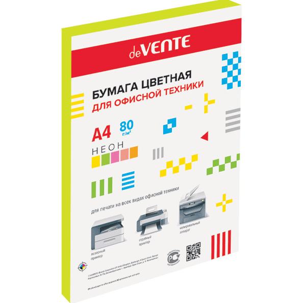 Бумага А4 75 гр 100 л. "deVENTE" неон желтый, в пластиковом пакете