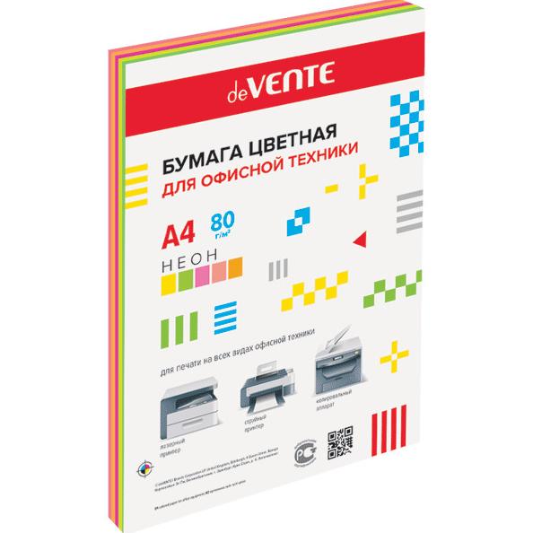 Бумага А4 75 гр 100 л. "deVENTE" неоновые цвета, ассорти (5 цветов) в пластиковом пакете
