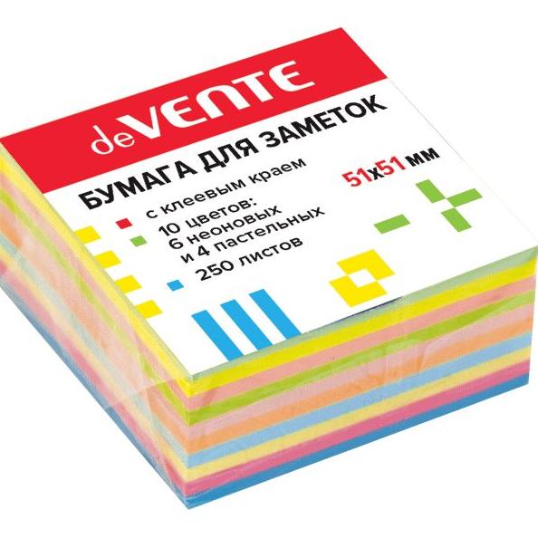 Бумага на л/п 51*51 мм, 250 л, 6 цв.неон и 4 пастель deVENTE