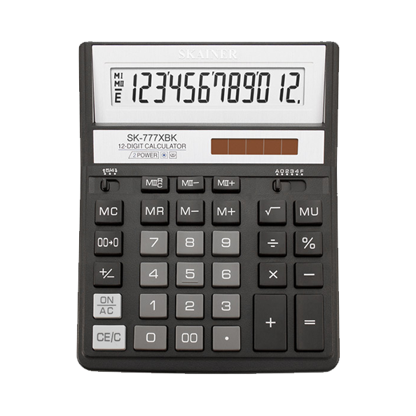 Калькулятор 12 разр. SKAINER 2-е питание 2 память, черный 157*200*32 (SDC-888XBK)