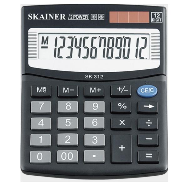 Калькулятор настольный 12 разр. SKAINER мал. (пл., 2 пит., чер. 100 x 124 x 32 мм)(SDC-812)
