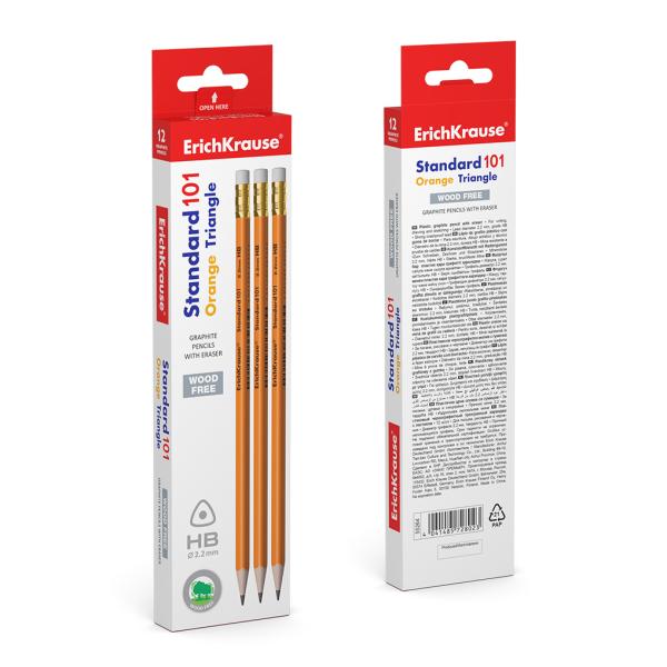 Карандаш ч/г HB ErichKrause Standard triangle 101 Orange с ластиком трехгранный пластиковый (в короб