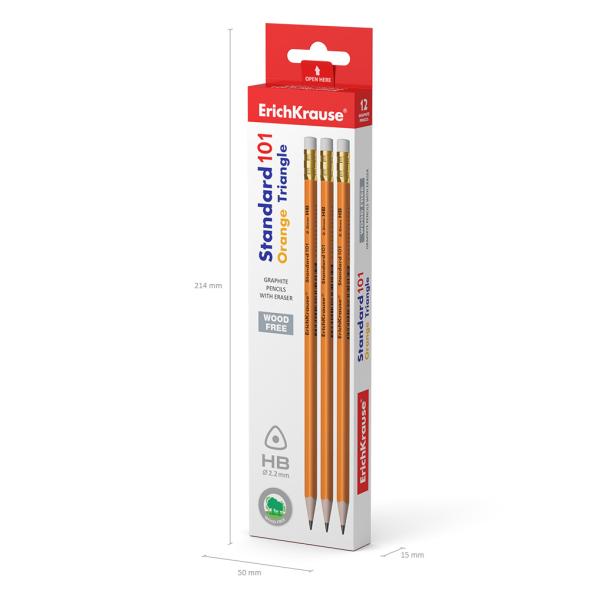Карандаш ч/г HB ErichKrause Standard triangle 101 Orange с ластиком трехгранный пластиковый (в короб