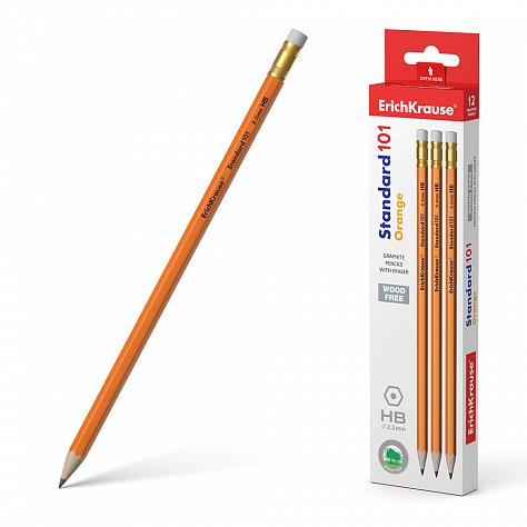 Карандаш ч/г HB ErichKrause® Standard 101 Orange пластиковый шестигранный с ластиком (в коробке 12 ш