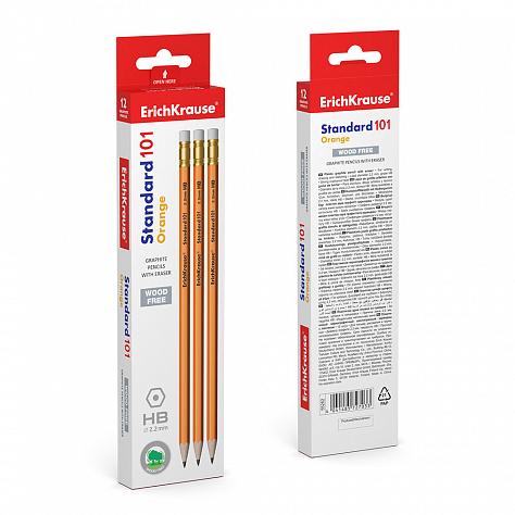 Карандаш ч/г HB ErichKrause® Standard 101 Orange пластиковый шестигранный с ластиком (в коробке 12 ш