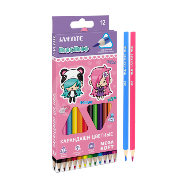 Карандаши 12 цв. "deVENTE. Trio Mega Soft. NicoNico:-)" 4М, диаметр грифеля 3 мм, трехгранные, в кар