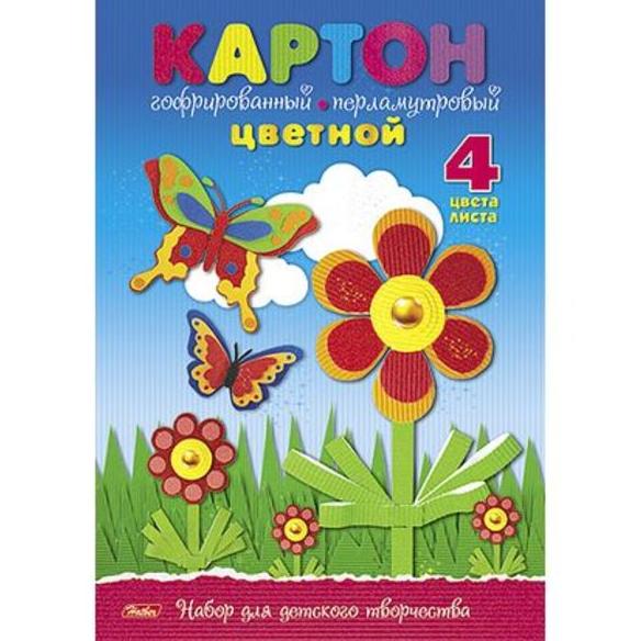 Картон 4 цв. 4 л. А4, перламутровый, гофрированный, Летняя полянка