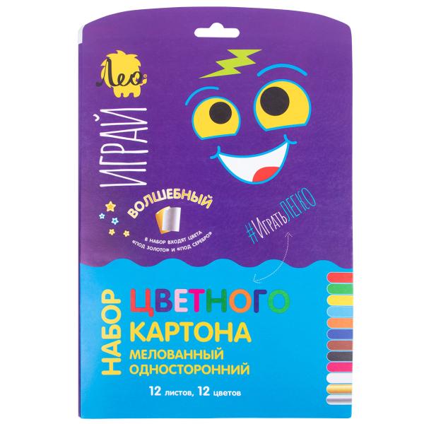 Картон односторонний, мелованный A4- 12л. 12цв.  (+золото и серебро) "Лео"   "Играй"