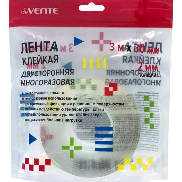 Клейкая лента двусторонняя 30 мм * 3 м "deVENTE. NANO TAPE" многоразовая, прозрачная, толщиной 2 мм,